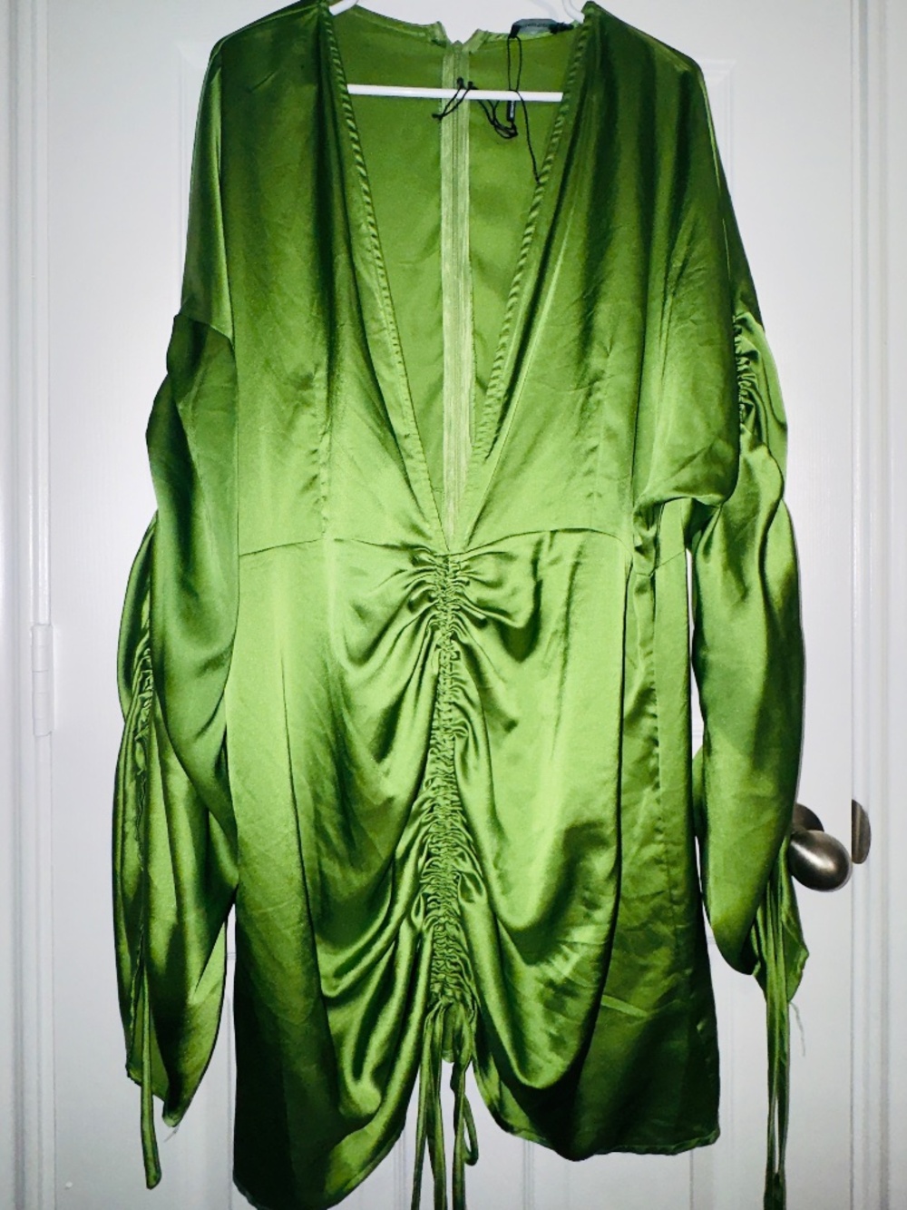 Olive Green Satin Ruched Mini Dress Deep V Long Sleeve